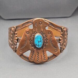 VTG Bell Trading Post Copper & Turquoise Thunderbird Cuff Bracelet 6.5" Stamped